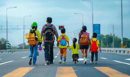 交通警卫或老师帮助孩子们过马路去学校