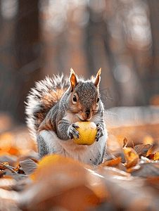一休卡通摄影照片_一只灰松鼠正在吃苹果