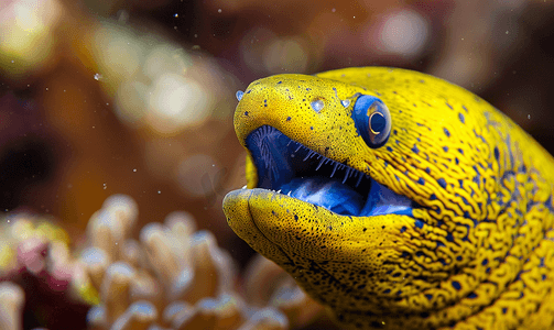 马来西亚西巴丹婆罗洲的黄色和蓝色鳗鱼海鳗