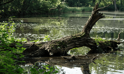 强风吹倒池塘里的树