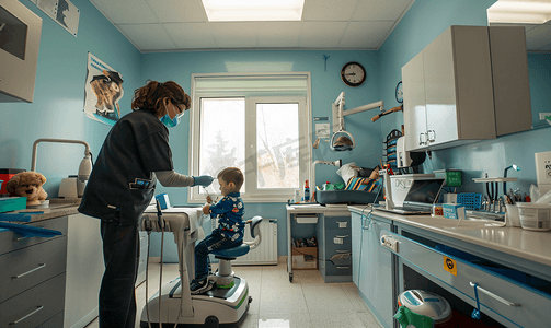 女牙医在科诊所与小男孩一起工作