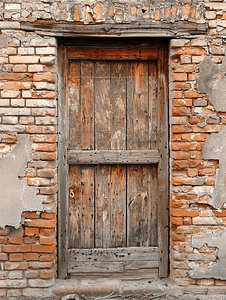 砖墙中的旧木门出售木材和砖墙陈旧墙壁破木