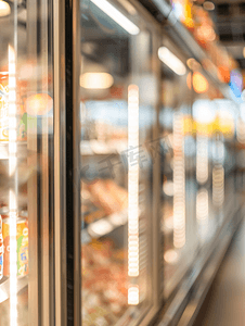 家电卖场开业摄影照片_超市商用冰箱冰柜展示冷冻食品抽象模糊背景