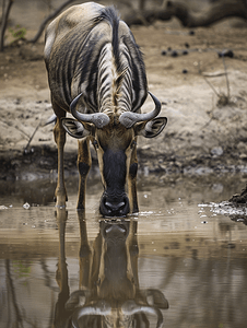 金牛背元宝摄影照片_南非克鲁格公园饮水池里的牛羚