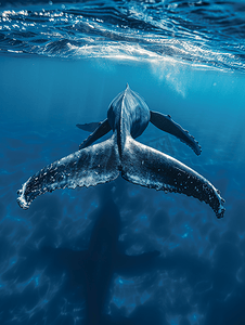 巨大的座头鲸背部和尾巴在蓝色的波利尼西亚海中沉没