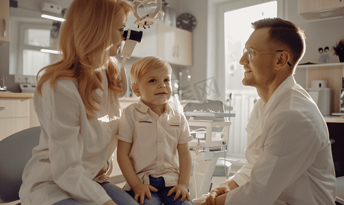 验光师检查小女孩的视力 — 眼科医生室里的母子