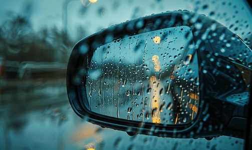 湿玻璃后汽车后视镜雨中道路景观行程详情