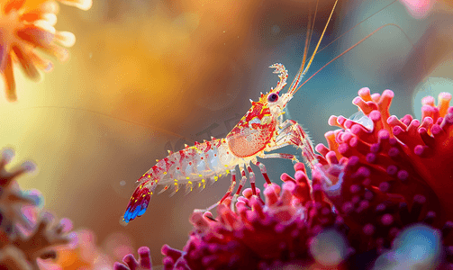 菲律宾潜水摄影照片_红色软珊瑚宏上的彩色玉米花虾