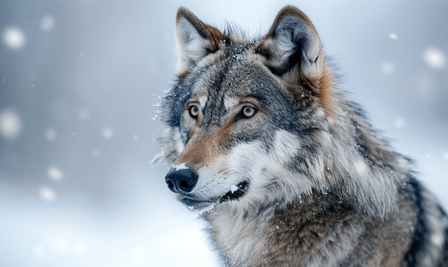 一只灰太狼在雪中孤立地看着你