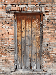 砖墙中的旧木门出售木材和砖墙陈旧墙壁破木