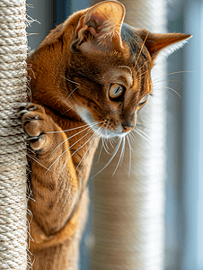 家纺首页促销摄影照片_一只阿比西尼亚猫在猫抓柱上磨爪子