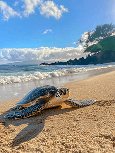 夏威夷海滩上的绿海龟