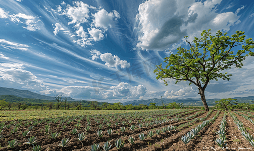 龙舌兰田新种植的田地多云和蓝天田地周围的树木