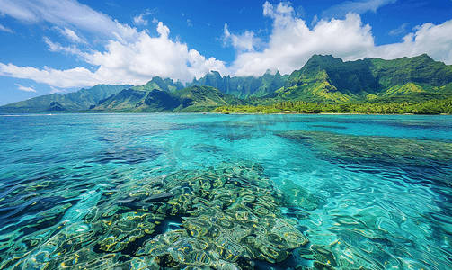 法属波利尼西亚碧绿的海水泻湖珊瑚花园浮潜