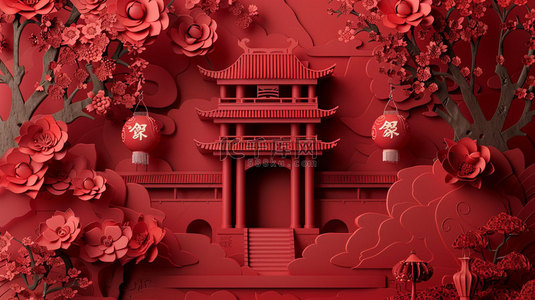 古代宫殿王座背景图片_红色宫殿松柏合成创意素材背景