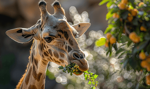 孤立的长颈鹿在进食时特写肖像