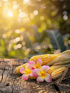 旧木头上的新鲜玉米和花朵鸡蛋花晨曦中美丽的玉米后部