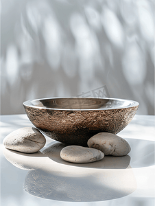 带有金属水和天然石底座的碗可作为水镜装饰设计
