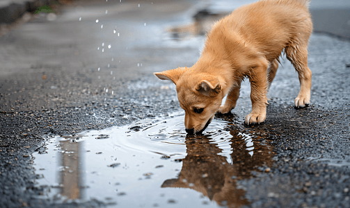 品种狗摄影照片_雨后街上的小狗从水坑里喝水