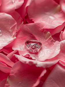 美丽的粉红色玫瑰花瓣背景上的珠宝钻戒