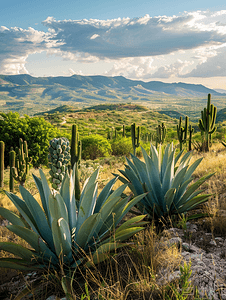 龙舌兰酒摄影照片_墨西哥风景用仙人掌和龙舌兰