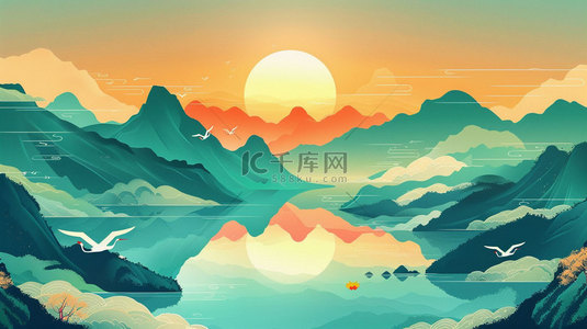 背景流水背景图片_高山流水红日合成创意素材背景