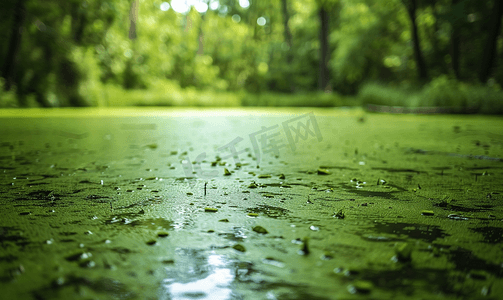 绿色河流风景摄影照片_长满粘液和浮萍的森林池塘