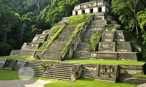 墨西哥玛雅金字塔石头建筑被植被包围丛林深处