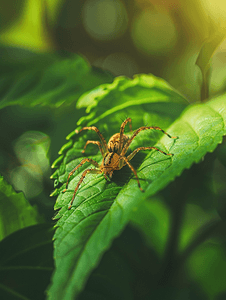 绿叶上的棕色蜘蛛