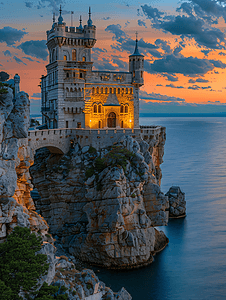 傍晚时分的极光悬崖上的燕子巢城堡