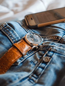 棕色的钱包摄影照片_牛仔裤上的手表和智能手机