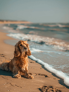 背景阳光沙滩摄影照片_可卡犬在沙滩上