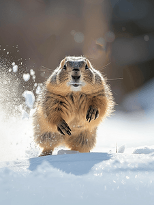 土拨鼠土拨鼠日肖像在雪地上奔跑