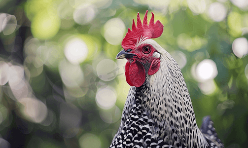 饲料社保摄影照片_白色和黑色羽毛的鸡红色喙和梳子农场动物