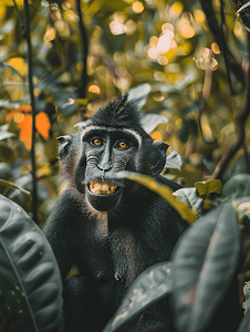森林里微笑的黑冠猕猴