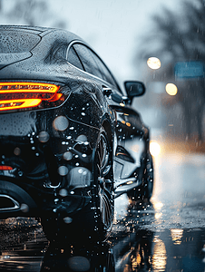 品牌轿车摄影照片_雨滴中的黑色高级轿车运输