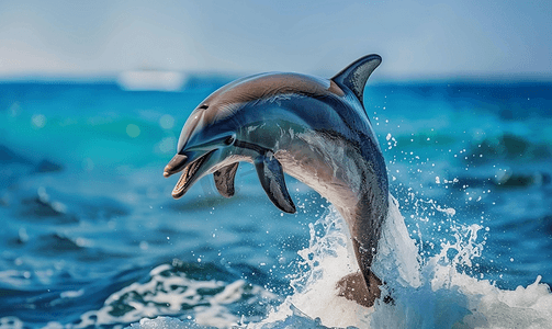 动物卡通鼻子摄影照片_海豚在海浪上跳跃