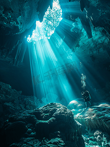 扁平潜水摄影照片_天然井洞穴在坑中潜水