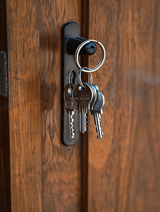 保护房子摄影照片_木门锁里的一堆房子钥匙