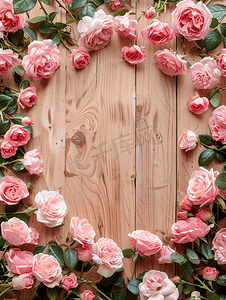 木板上粉红色玫瑰花的圆形框架