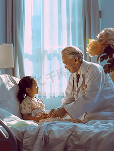 高级医生检查一名住院的小女孩她的母亲