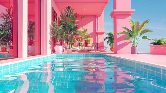 泳池椰树建筑合成创意素材背景