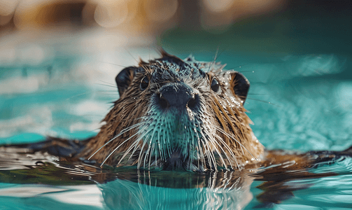 麝香摄影照片_游泳时孤立的海狸海狸