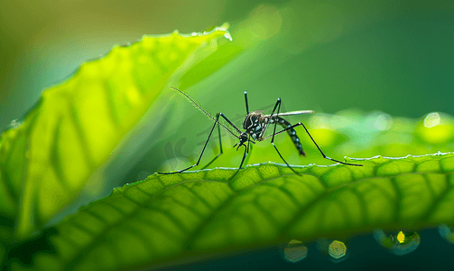 疟疾消杀摄影照片_叶子上的宏观蚊子