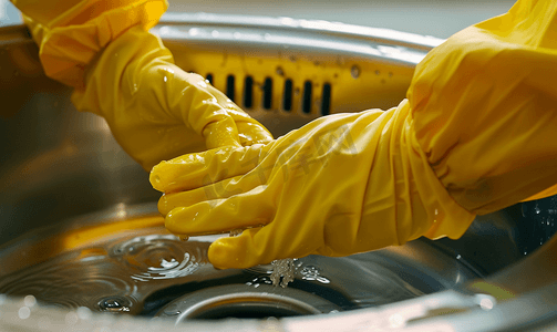 橡胶手套中的清洁剂显示厨房水槽塞孔保护器中的废物
