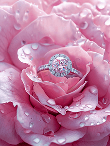 婚礼背景花瓣摄影照片_美丽的粉红色玫瑰花瓣背景上的珠宝钻戒