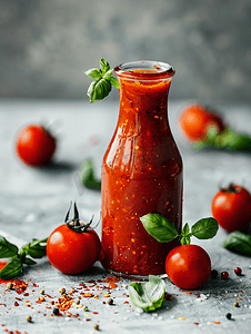 罐子红色摄影照片_桌上放着自制番茄酱和熟番茄的玻璃瓶