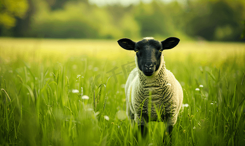 喇叭绿色摄影照片_绿草背景中的一只黑白羊