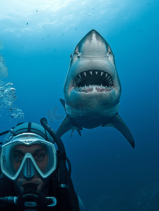 白色灰摄影照片_一名水肺潜水员一只灰鲨的下巴准备攻击一名摄影师水肺潜水员