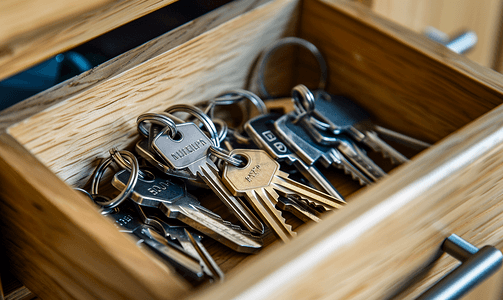 简约风家具海报摄影照片_打开抽屉里有一堆带钥匙链的门钥匙